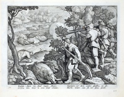 Hunters use guns to shoot down wild boar, who are wallowing in the mud, illustration from 